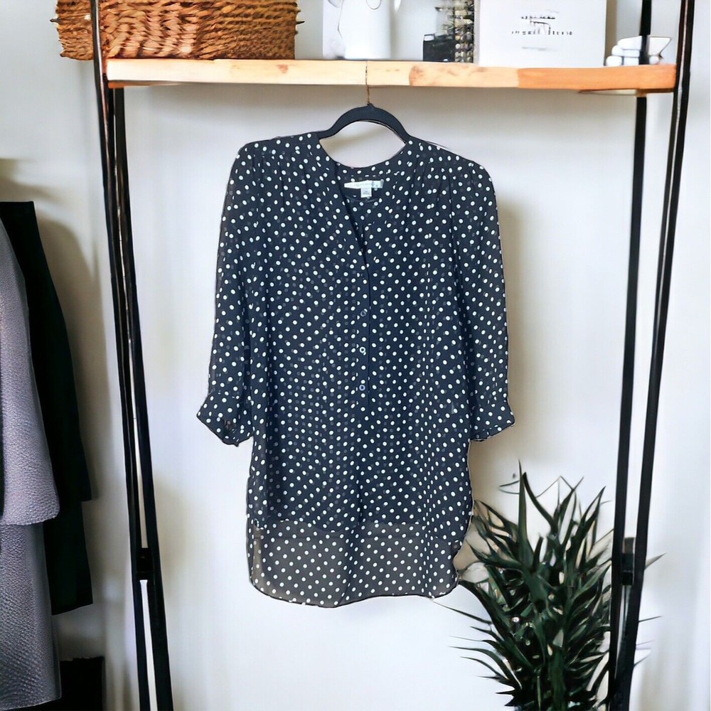 LC Lauren Conrad Top Womens M Black‎ White Polka Dot Sheer Blouse